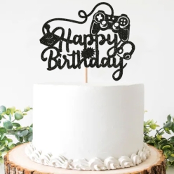 Gamer Happy Birthday Glittering Black Cake Pick Topper